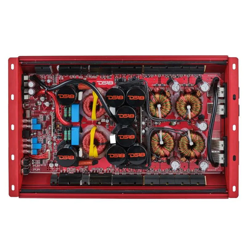 DS18 1-Channel Amp 9200 Burst/0.5ohm 5000/1ohm 3500/2ohm 2200/4ohm Watts RMS w/ Voltmeter Red - Back View