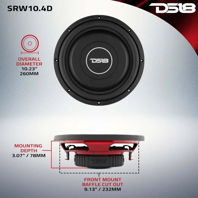 DS18 10in 200 Watts RMS 4 ohm DVC Shallow Mount Subwoofer - Side View