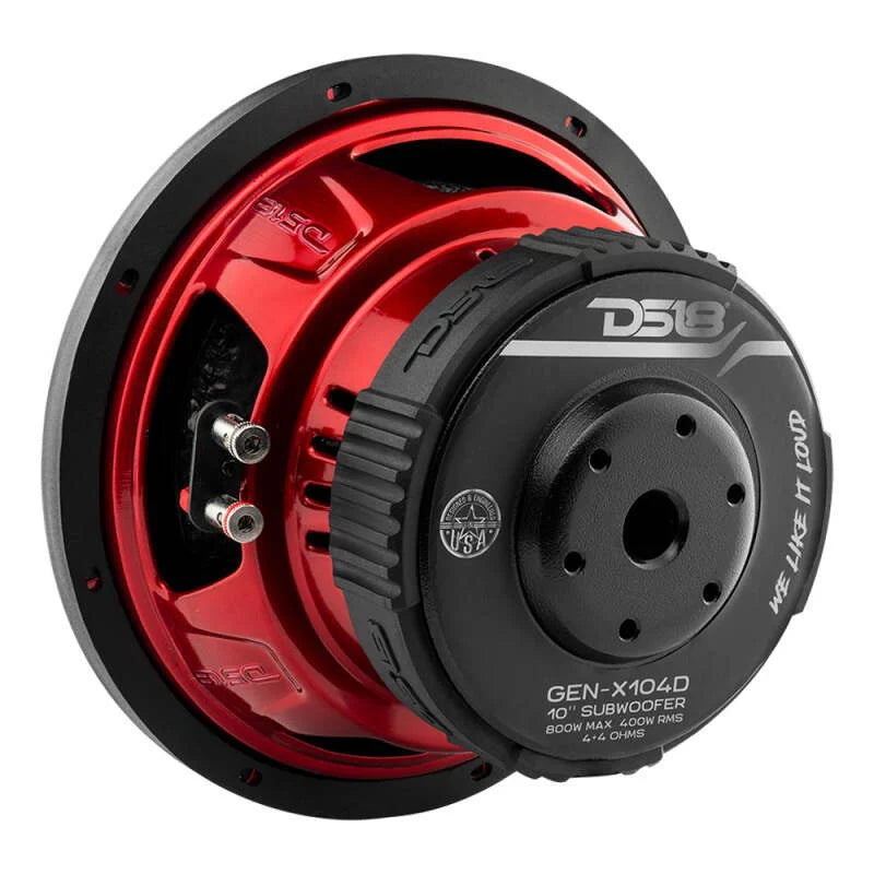 DS18 10in 400 Watts RMS 4 ohm DVC Subwoofer Ferrite Motor & Dual Voice Coils - Side View