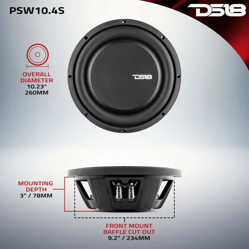 DS18 10in 500 Watts RMS 4 ohm SVC Shallow Mount Water Resistant Subwoofer - Side View