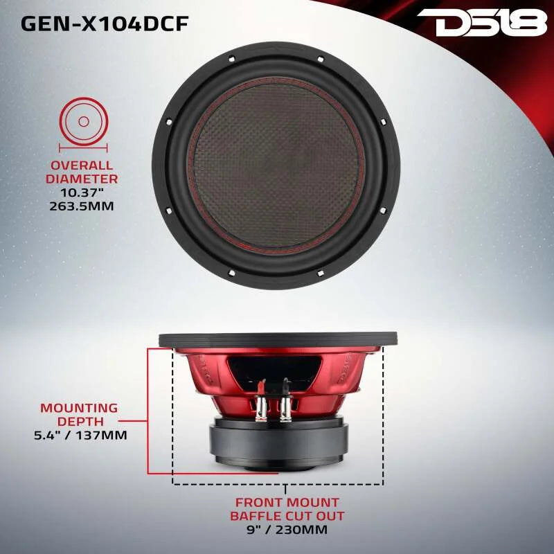DS18 10in 600 Watts RMS 4ohm DVC Carbon Fiber Dust Cap - Back View