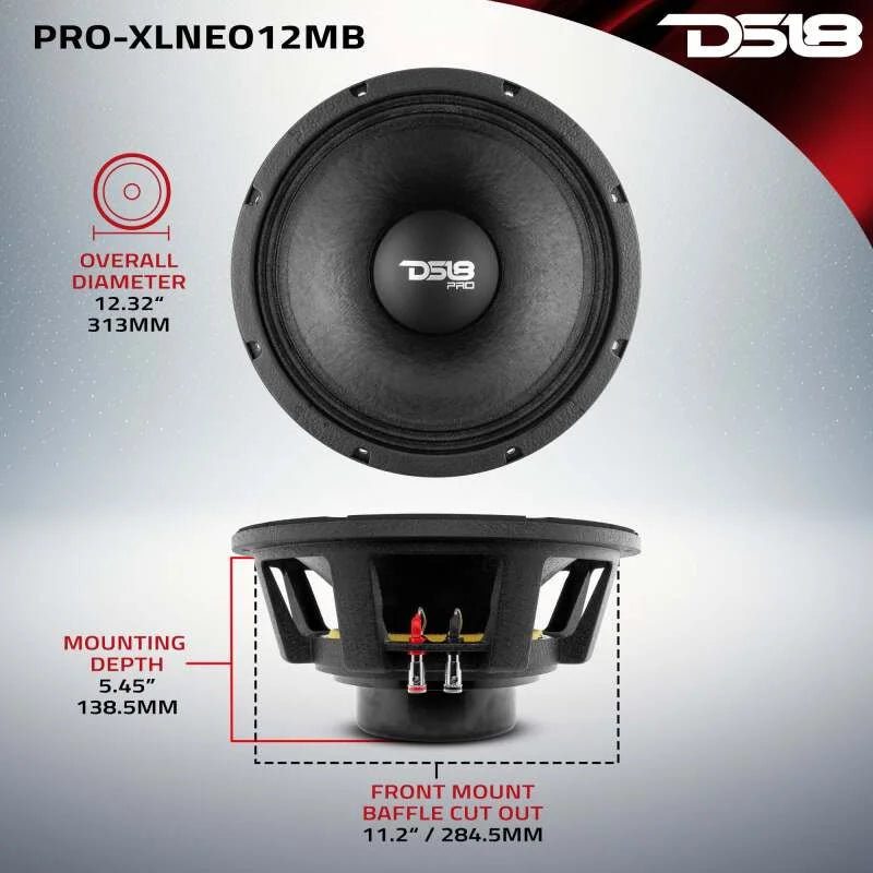 DS18 12in 1000 Watts RMS 8 ohm Neodymium Mid-Bass Loudspeaker - Side View
