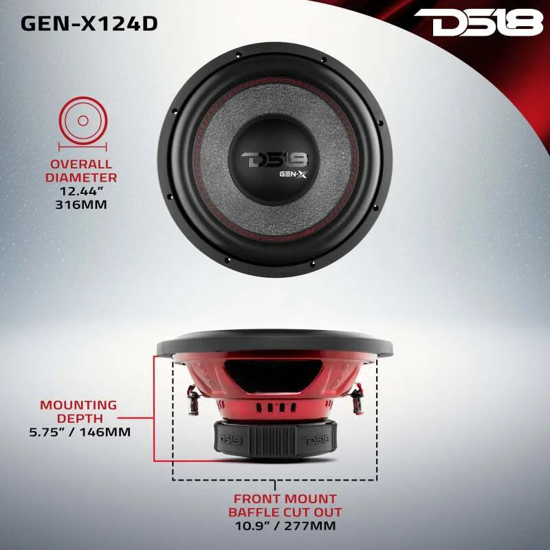 DS18 12in 450 Watts RMS 4 ohm DVC Subwoofer Ferrite Motor & Dual Voice Coils - Side View