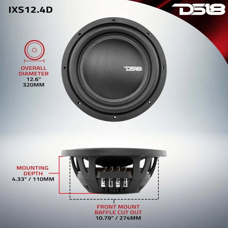 DS18 12in 800 Watts RMS 4 Ohm DVC Shallow Mount Fiber Glass Subwoofer IXS Series - Additional View 5