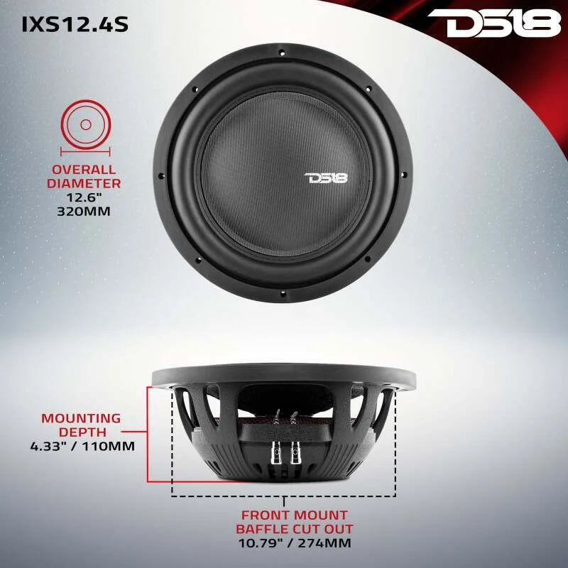 DS18 12in 800 Watts RMS 4 ohm SVC Shallow Mount Fiber Glass Subwoofer IXS Series - Side View