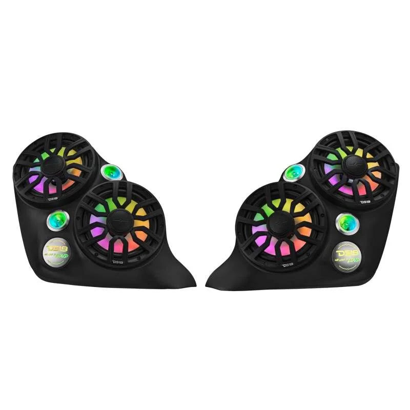 DS18 2015+ Polaris Slingshot Front Fender Dual 8in Speakers & Enclosure w/ LED Lights - Back View