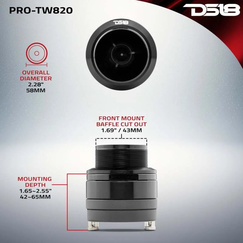 DS18 2.3in High Compression Neodymium Super Bullet Tweeter 100 Watts RMS 1.4in Aluminum VC 4 ohm - Side View