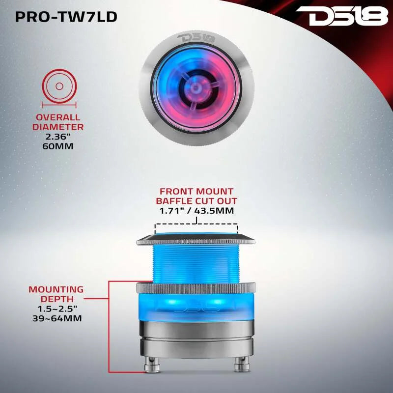 DS18 2.3in Super Bullet Tweeter 100 Watts RMS 1in Titanium Vc 4 ohm Digital LED Lights - Back View