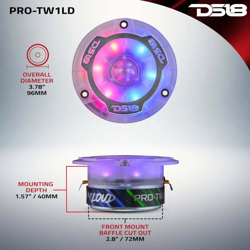 DS18 3.8in Super Bullet Tweeter 120 Watts RMS 1in Aluminum Vc 4 ohm Digital LED Lights - Side View