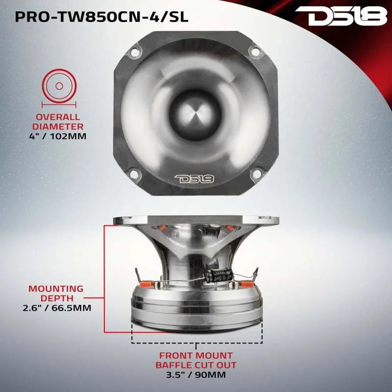 DS18 4in Super Bullet Tweeter Neodymium 250 Watts RMS 1.5in PEI Vc 4 ohm Silver - Side View
