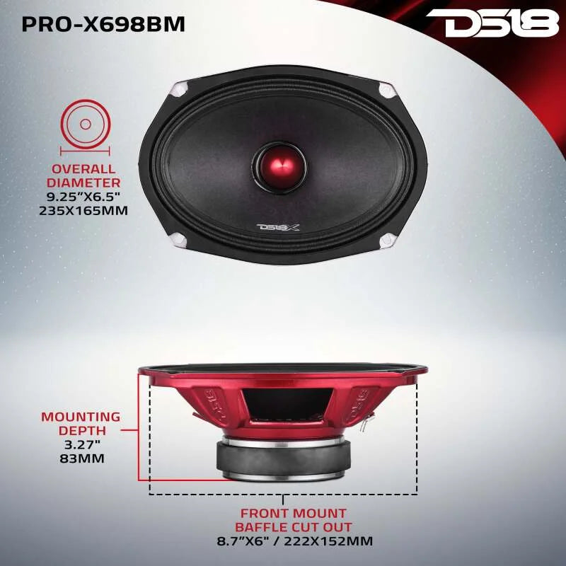 DS18 6x9in 275 Watts RMS 8 ohm Mid-Range Loudspeaker Bullet Loudspeaker Grill Included - Main Product View