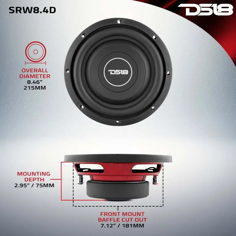 DS18 8in 150 Watts RMS 4 ohm DVC Shallow Mount Subwoofer - Additional View 5