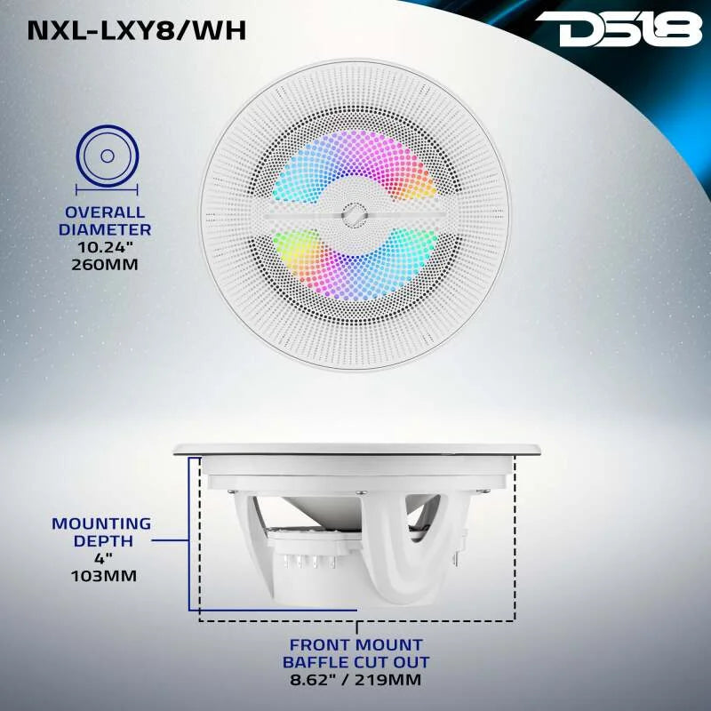 DS18 8in 2-Way 175 Watts RMS 4ohm Digital LED Lights Bullet Tweeter White - Side View