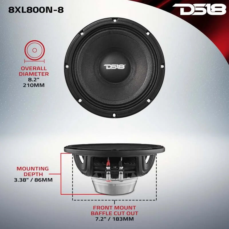 DS18 8in 400 Watts RMS Neodymium 8 ohm Mid-Range Loudspeaker - Side View