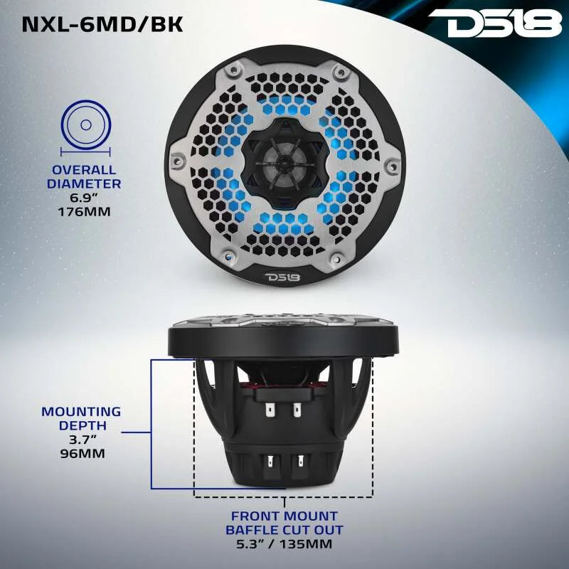 DS18 Hybrid Marine Speaker w/ Driver And RGB LEDs 6.5in 2-Way 250 Watts RMS 4 ohm Black w/ Covers - Side View