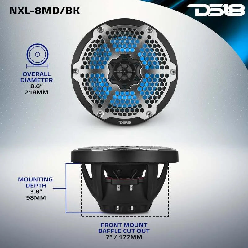 DS18 Hybrid Marine Speaker w/ Driver And RGB LEDs 8in 2-Way 350 Watts RMS 4 ohm Black w/ Covers - Additional View 7