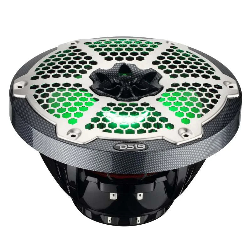 DS18 Hybrid Marine Speaker w/ Driver And RGB LEDs 8in 2-Way 350 Watts RMS 4 ohm Crbn Fiber w/ Cover - Side View