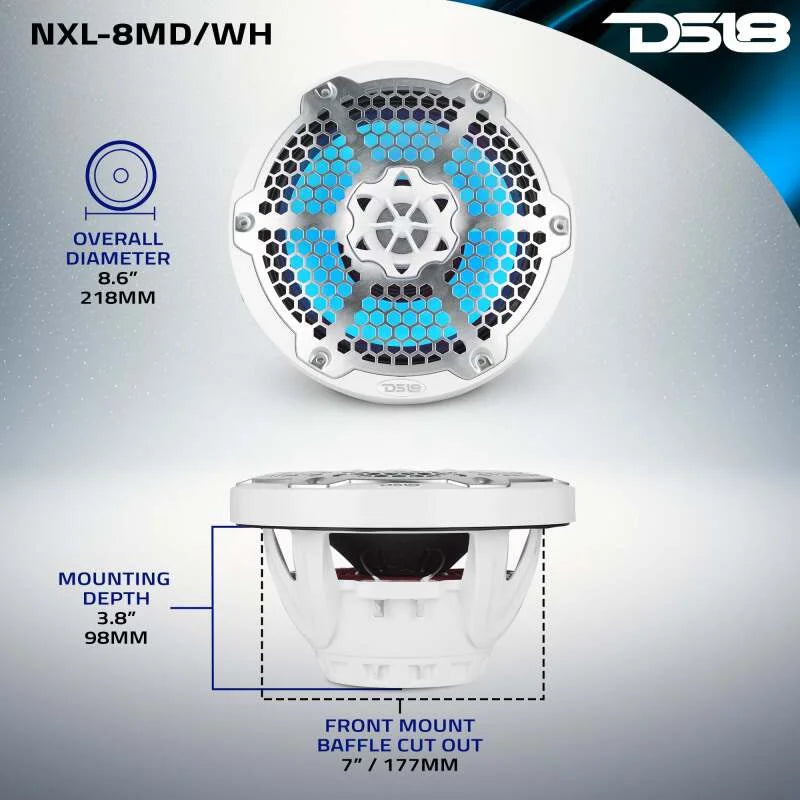 DS18 Hybrid Marine Speaker w/ Driver And RGB LEDs 8in 2-Way 350 Watts RMS 4 ohm White w/ Covers - Additional View 10