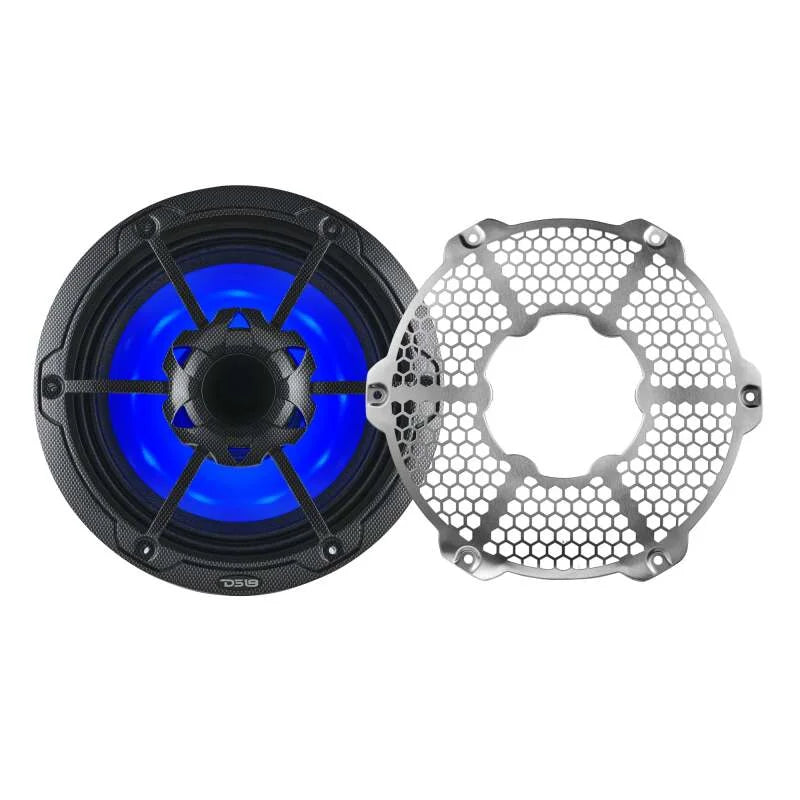 DS18 Hybrid Marine Speakers w/ Driver And RGB LED 10in 2-Way 450 Watts RMS 4 ohm Crbn Fiber w/ Cover - Side View