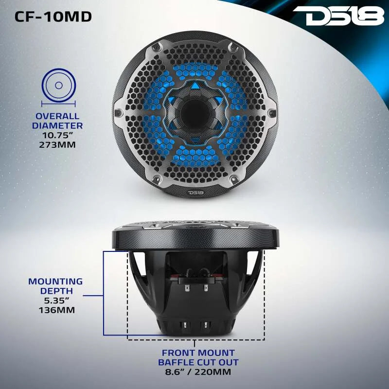 DS18 Hybrid Marine Speakers w/ Driver And RGB LED 10in 2-Way 450 Watts RMS 4 ohm Crbn Fiber w/ Cover - Additional View 9