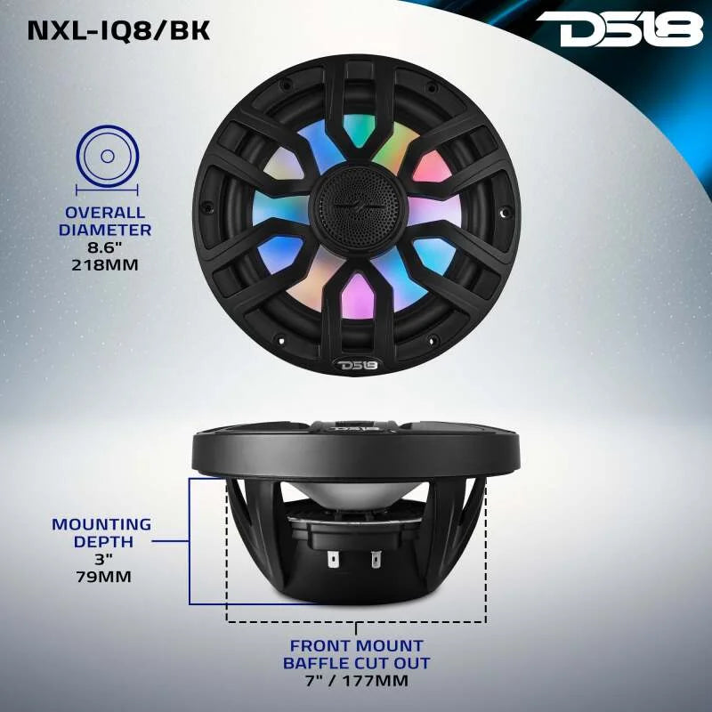 DS18 Marine 8in 2-Way 175 Watts RMS 4 ohm Digital LED Lights Bullet Tweeter Covers Included Black - Back View