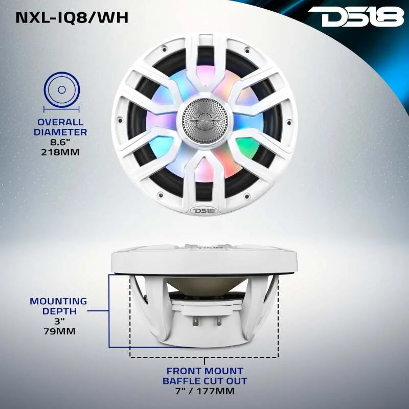 DS18 Marine 8in 2-Way 175 Watts RMS 4 ohm Digital LED Lights Bullet Tweeter Covers Included White - Additional View 9