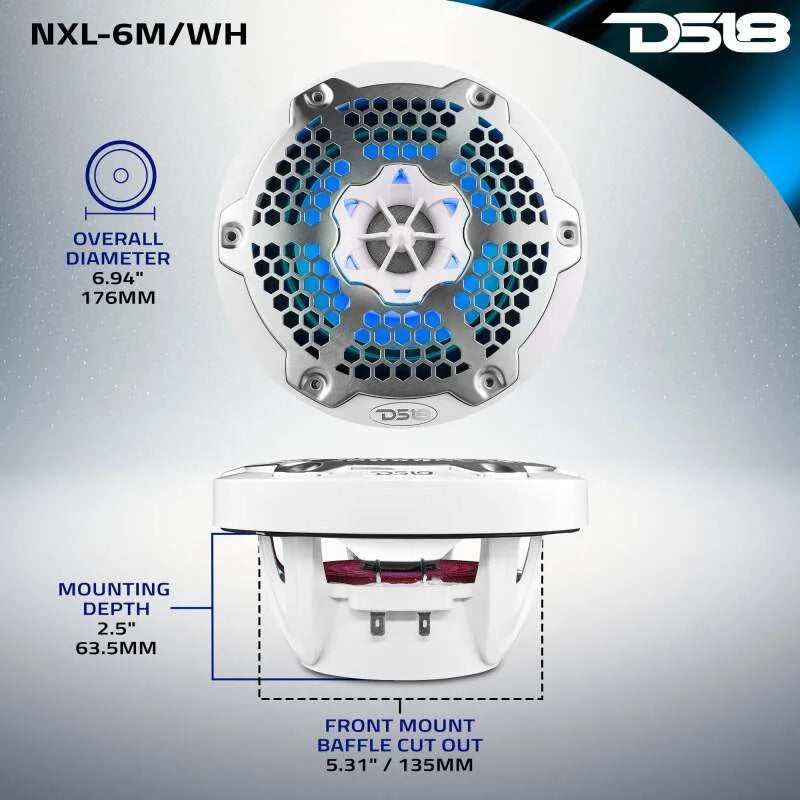DS18 NXL-M Series Speaker w/ RGB LED Lights 6.5in 2-Way 100 Watts RMS 4 ohm White w/ Cover - Additional View 7