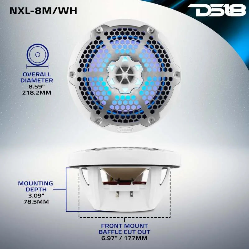 DS18 NXL-M Series Speaker w/ RGB LED Lights 8in 2-Way 125 Watts RMS 4 ohm White w/ Cover - Additional View 7