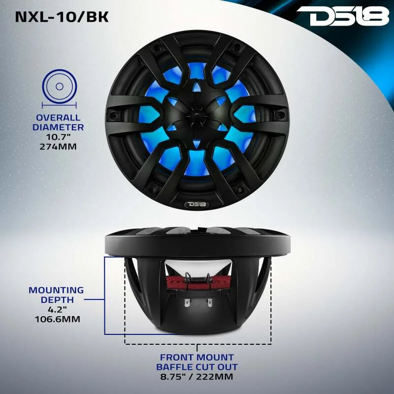DS18 NXL Series Coaxial Marine Speaker w/ RGB Lights 10in 2-Way 200Watts RMS 4 ohm Black w/ Cover - Back View