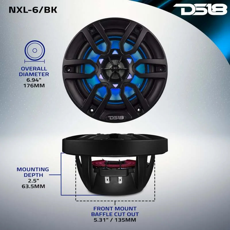 DS18 NXL Series Coaxial Marine Speakers w/ RGB Lights 6.5in 2-Way 100 Watts RMS 4 ohm Black - Back View