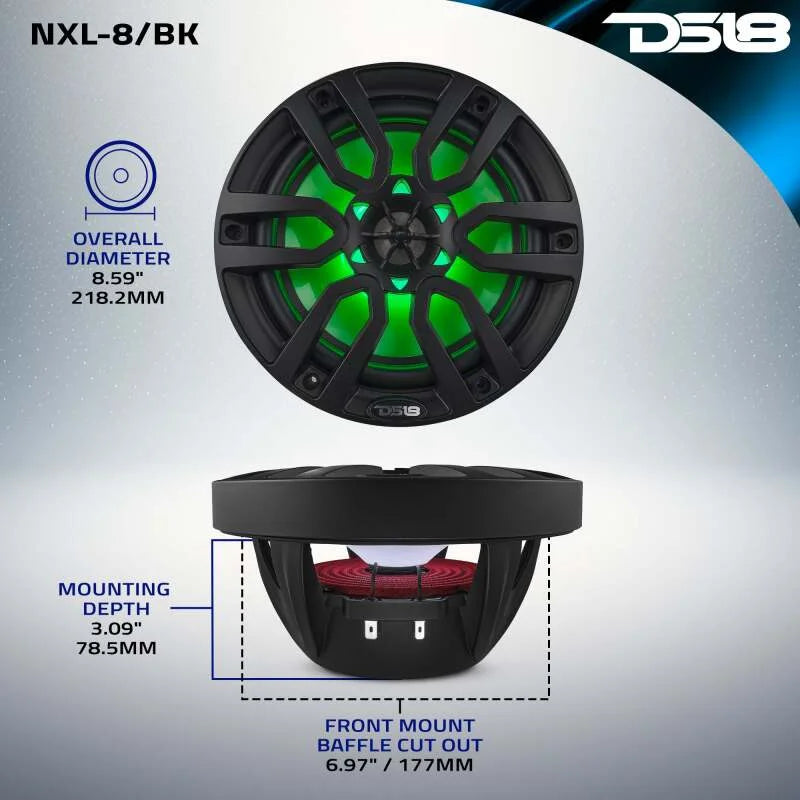 DS18 NXL Series Coaxial Marine Speakers w/ RGB Lights 8in 2-Way 125 Watts RMS 4 ohm Black - Side View