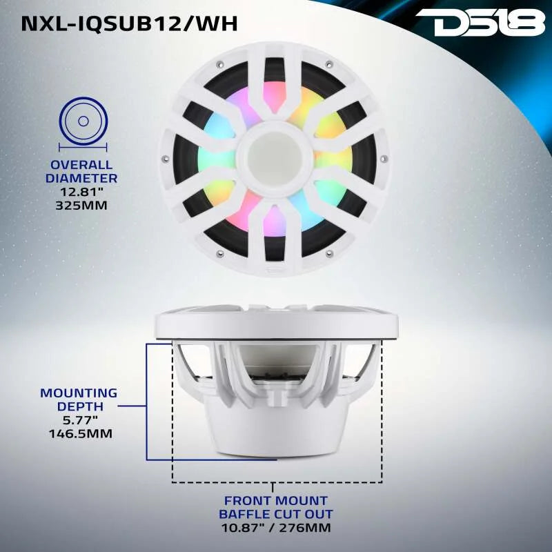 DS18 NXL-iQ Subwoofer w/ LED Lights 12in 600 Watts RMS 4 ohm White w/ Cover - Side View