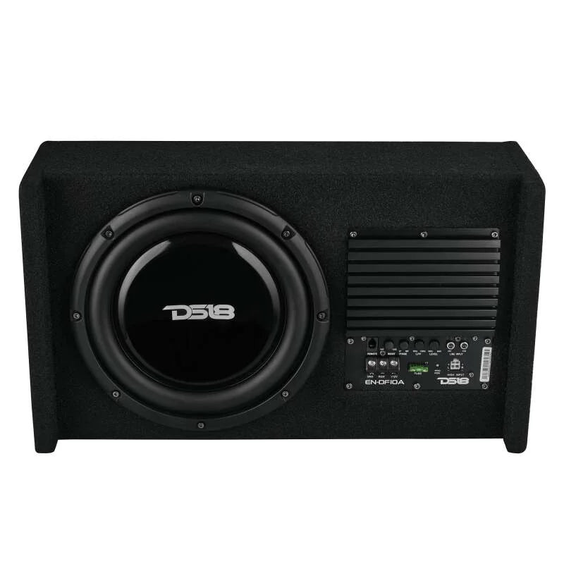 DS18 Single 10in Shallow Subwoofer & Enclosure 300 Watt RMS Downfiring Sealed Black Carpet Amplified - Main Product View
