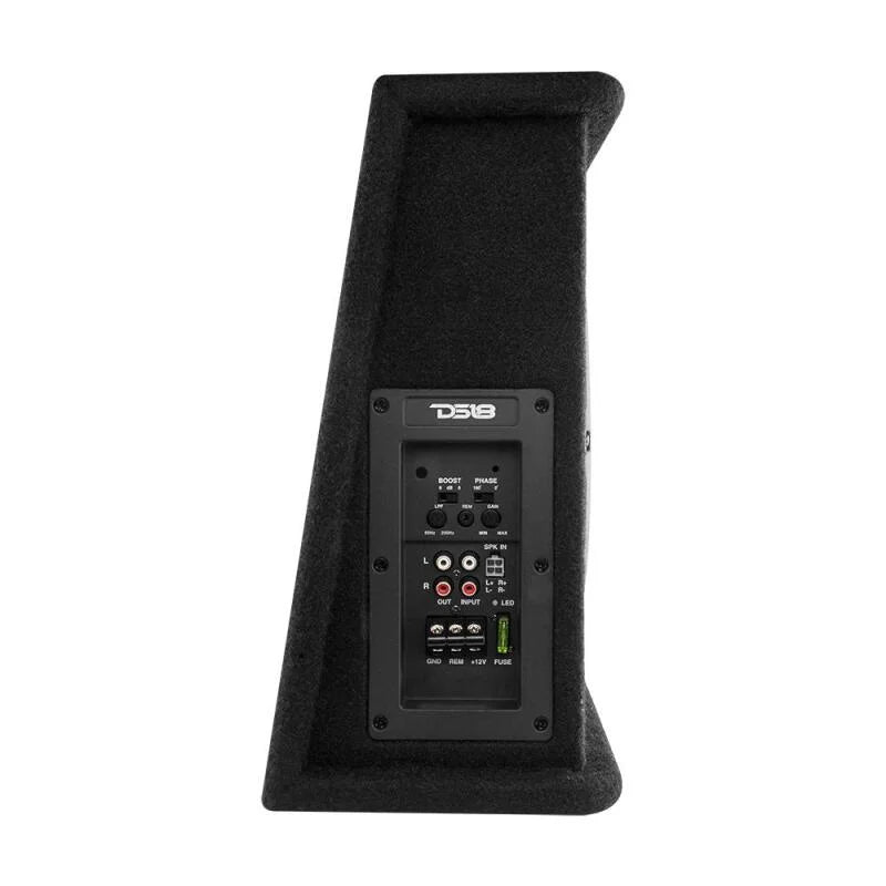 DS18 Single 10in Shallow Subwoofer and Enclosure 350 Watts RMS Amplified Sealed Black Carpet - Side View