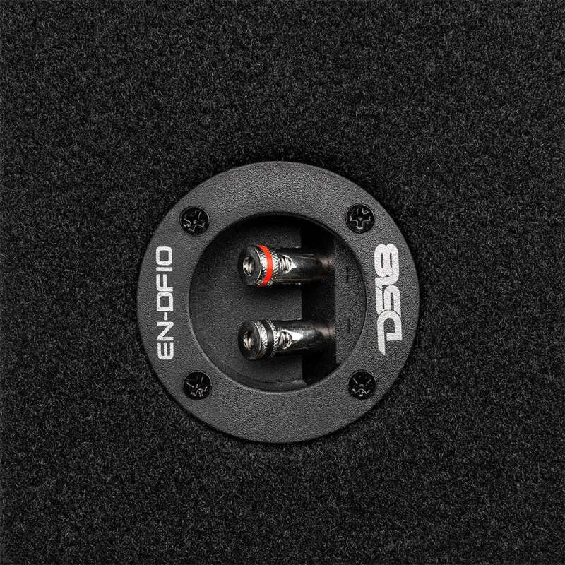 DS18 Single 10in Shallow Subwoofer and Enclosure 300 Watts RMS Downfiring Sealed Black Carpet - Side View