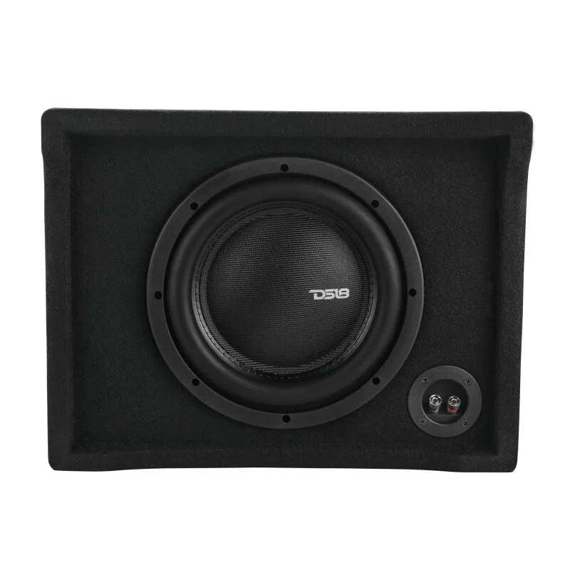 DS18 Single 10in Shallow Subwoofer and Enclosure 600 Watts RMS Downfiring Sealed Black Carpet - Side View