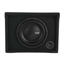 Load image into Gallery viewer, DS18 Single 10in Shallow Subwoofer and Enclosure 600 Watts RMS Downfiring Sealed Black Carpet - Side View