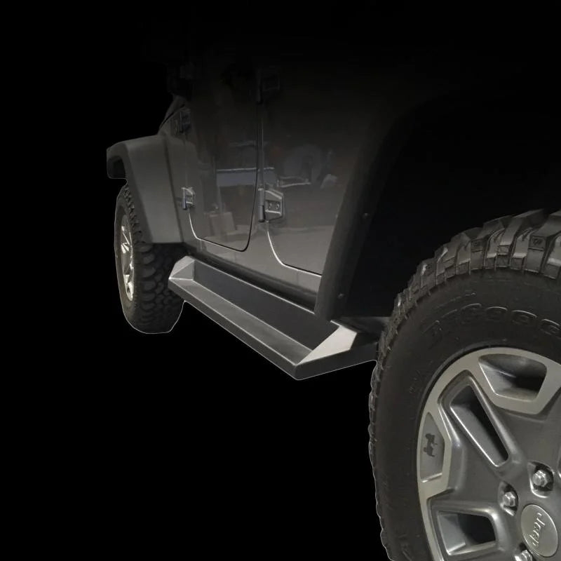 DV8 Offroad 07-18 Jeep Wrangler JK Plated Steel Rock Slider Steps - Matte Black (4 Door Only) - Back View