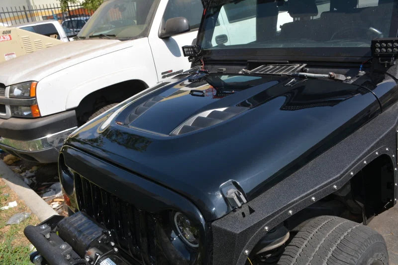 DV8 Offroad 07-18 Jeep Wrangler JK Rubicon 10th Anniversary Replica Hood - Installation View