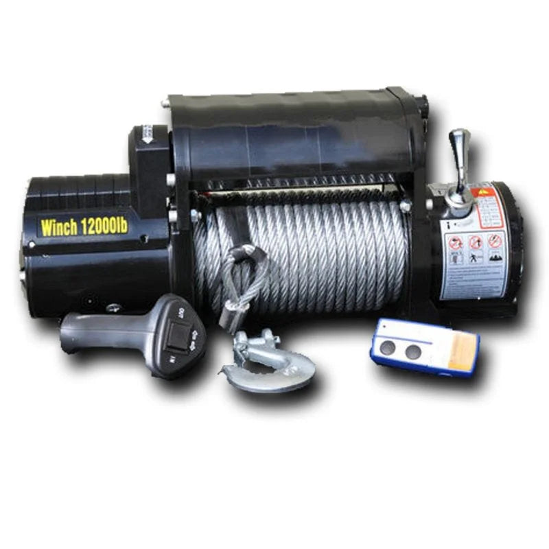 DV8 Offroad 12000 LB Winch w/ Steel Cable & Wireless Remote - Black - Side View