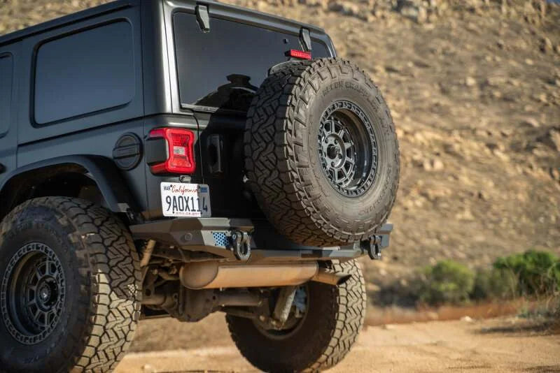DV8 Offroad 18-23 Jeep Wrangler JL MTO Series Bumper Spare Tire Swing Gate - Installation View
