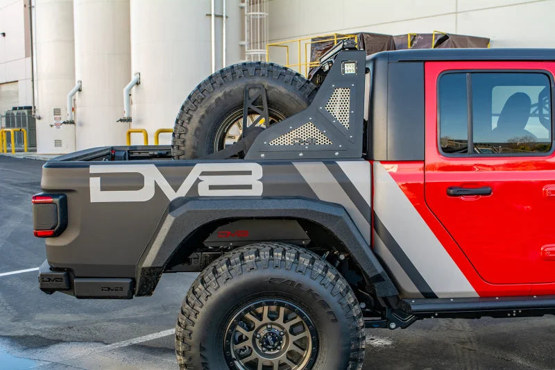 DV8 Offroad 2019+ Jeep Gladiator Universal Stand Up In-Bed Tire Carrier - Installation View