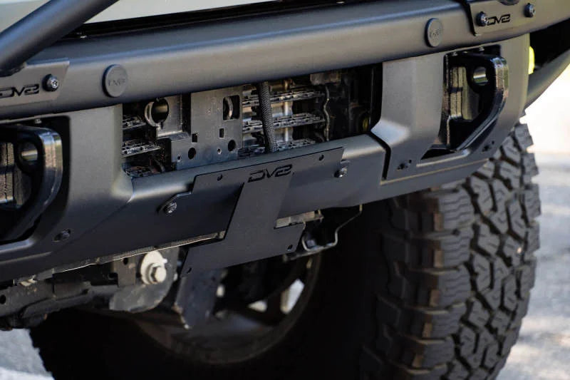 DV8 Offroad 21-22 Ford Bronco Factory Front Bumper Licence Relocation Bracket - Front - Installation View