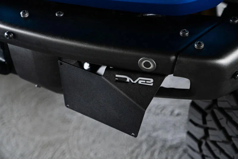 DV8 Offroad 21-22 Ford Bronco Factory Front Bumper License Relocation Bracket - Side - Installation View