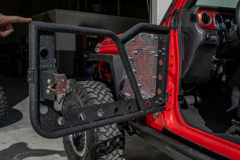DV8 Offroad Jeep 18+ Wrangler JL / 20+ Gladiator JT Front Rock Doors w/ Perforated Aluminum Mesh - Back View