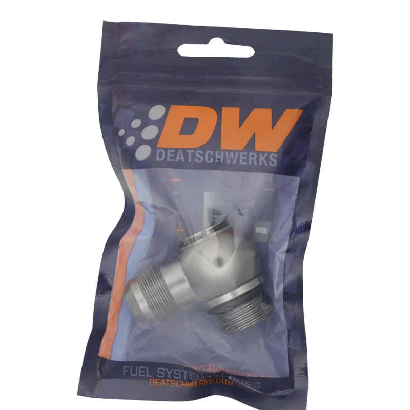 DeatschWerks 10AN ORB Male to 10AN Male Flare Low Profile 90-Degree Swivel - Anodized DW Titanium - Side View