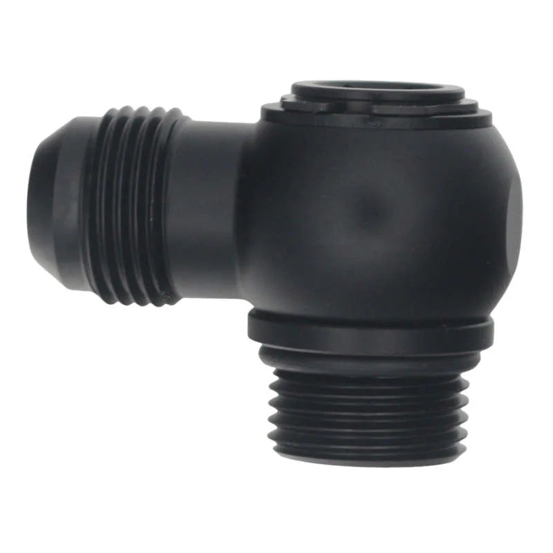 DeatschWerks 10AN ORB Male to 10AN Male Flare Low Profile 90-Degree Swivel - Anodized Matte Black - Main Product View