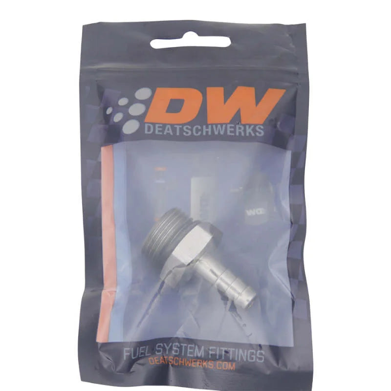 DeatschWerks 10AN ORB Male to 3/8in Male Triple Barb Fitting (Incl O-Ring) - Anodized DW Titanium - Side View