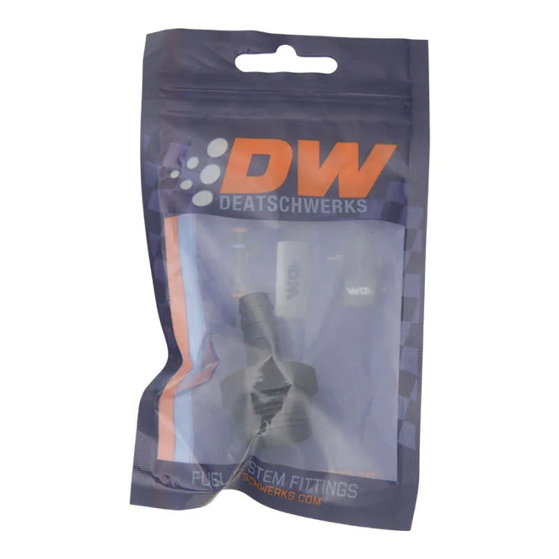 DeatschWerks 10AN ORB Male to 3/8in Male Triple Barb Fitting (Incl O-Ring) - Anodized Matte Black - Side View