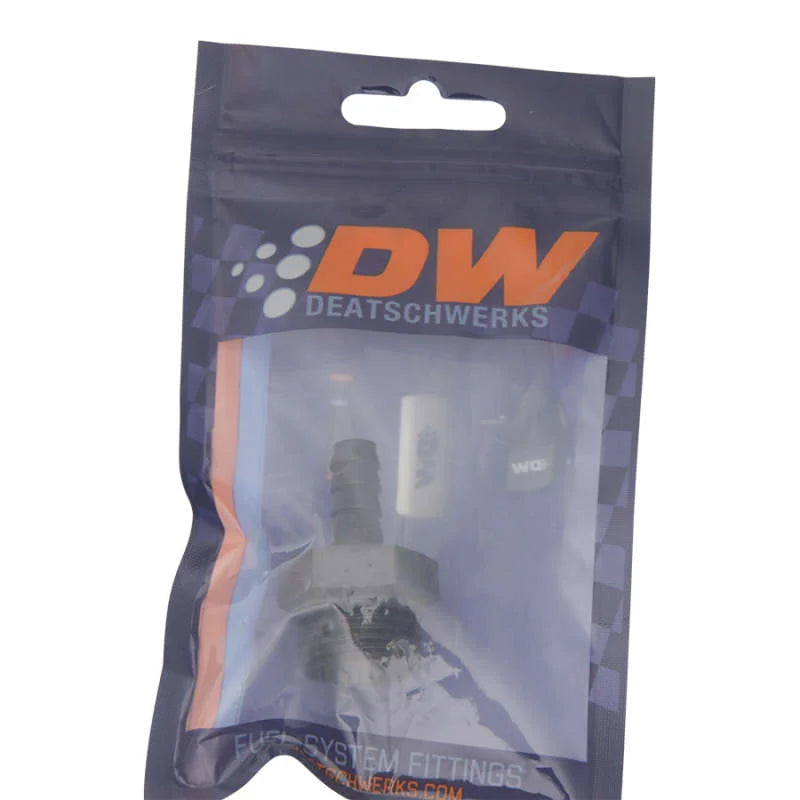 DeatschWerks 10AN ORB Male to 5/16in Male Triple Barb Fitting (Incl O-Ring) - Anodized Matte Black - Side View